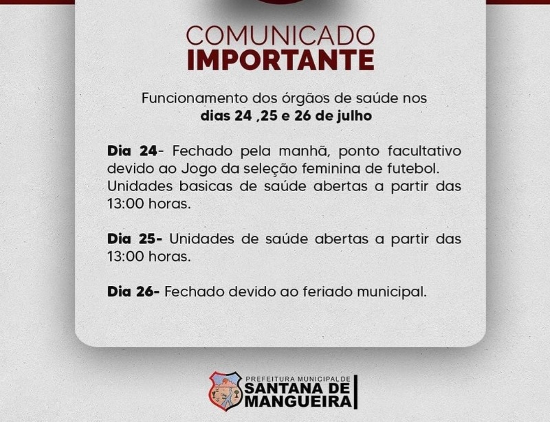 ATENÇÃO – COMUNICADO DE EXPEDIENTE DA PREFEITURA EM DIA DE JOGOS